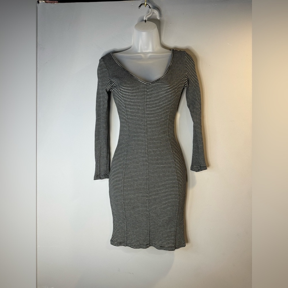 Black and white stripe body con waffle knit dress